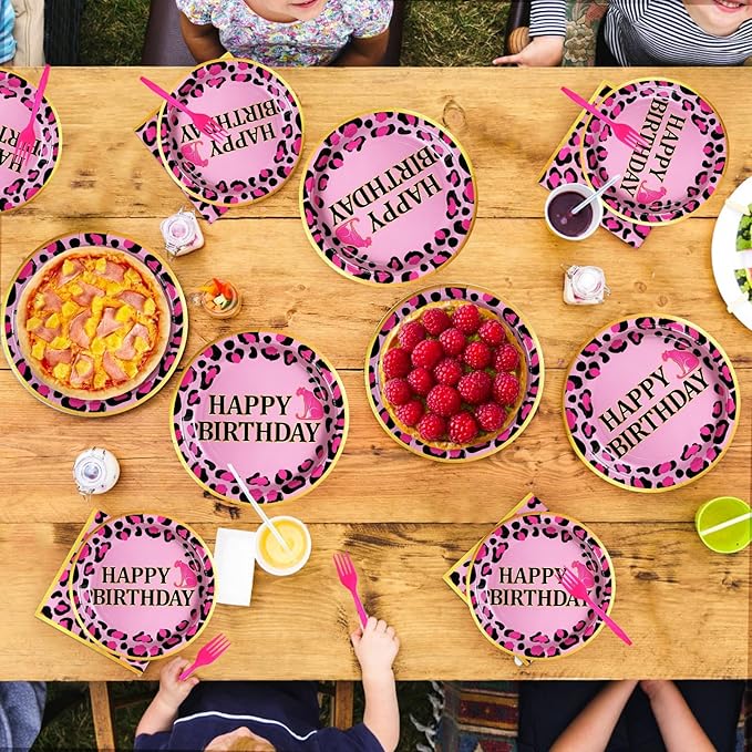 Grencian 96 Pcs Pink Leopard Birthday Party Supplies Cheetah Print Decorations Leopard Print Paper Plates Disposable Animal Jungle Safari Tableware Set for Girls Wild Birthday Cheetah Themed Party