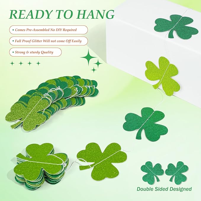 40Ft Glitter Shamrock Clover Garland St. Patrick's Day Decor Light Dark Green Hanging Streamer for Irish Lucky Spring Party Home Office Decor Supplies
