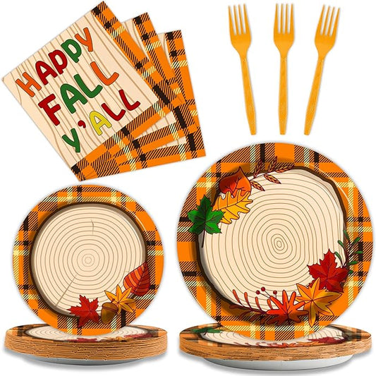 chiazllta 96 Pcs Thanksgiving Party Paper Plate and Napkins Fall Tableware Kit Disposable Plates Napkins Set Thanksgiving Plaid Decorations Paper Plates Napkins Forks for Party Favors 24 Guests