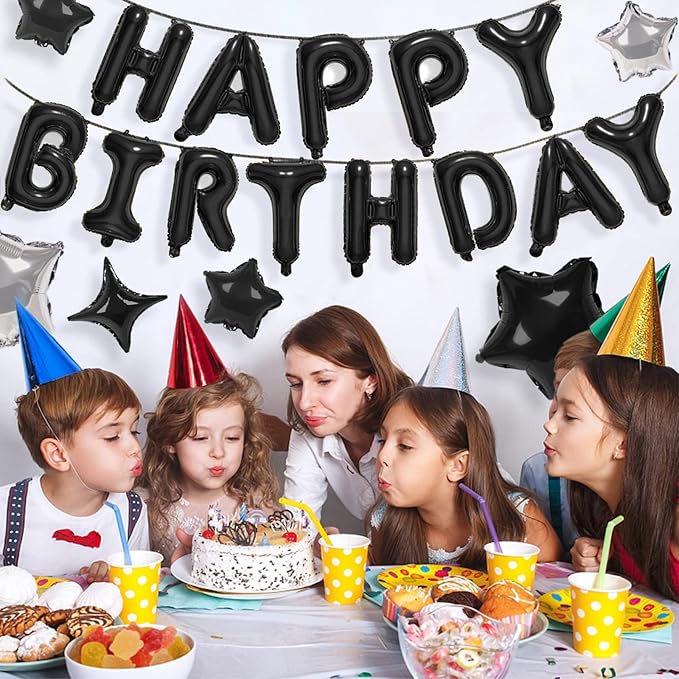 CANREVEL Happy Birthday Banner 13pcs 16 Inch Mylar Foil Letters Sign with 8pcs Star Balloons Birthday Party Decorations for Kids and Adults - 3D Black