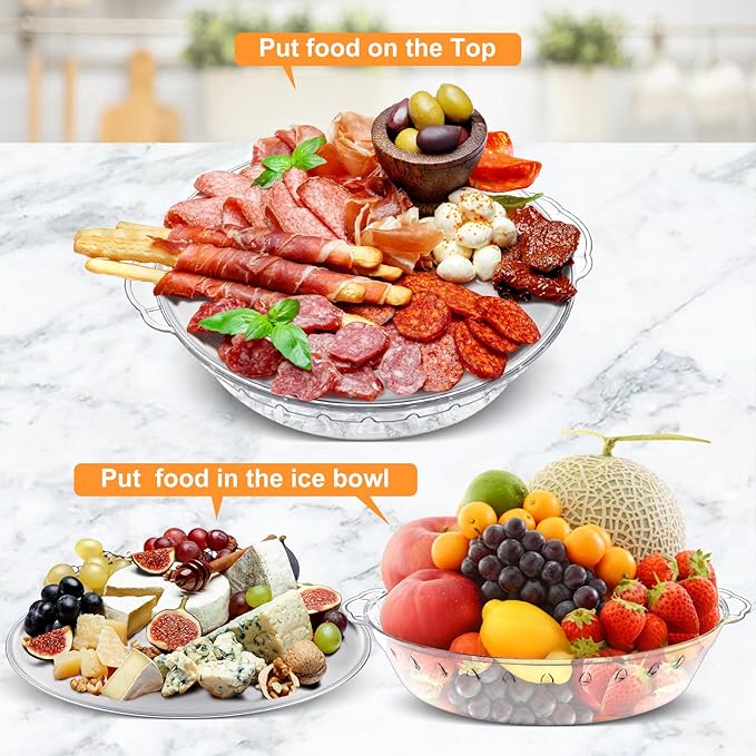 4-Pack 11.8" Chilled Serving Tray for Parties with Ice Underneath – Cold Platter for Fruit, Veggies, Seafood, Shrimp Cocktail, Appetizers – Buffet, Picnic, Outdoor Party Keep Food Cold Dish