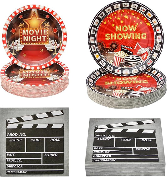 180Pcs Movie Night Party Supplies Paper Plates and Napkins Serve 60 Disposable Tableware Set for Birthday Party Decorations Game Day Family Holiday Sports Events