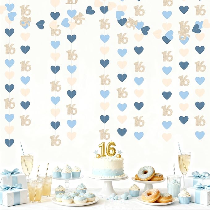 Champagne Gold Blue 16th Birthday Decorations Champagne Gold Dusty Blue Heart Garland Streamer Banner Backdrop for Girls Happy 16th Birthday Sweet 16 Decorations Cheers to 16 Years Old Party Supplies