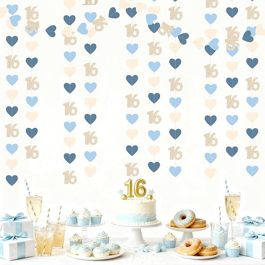 Champagne Gold Blue 16th Birthday Decorations Champagne Gold Dusty Blue Heart Garland Streamer Banner Backdrop for Girls Happy 16th Birthday Sweet 16 Decorations Cheers to 16 Years Old Party Supplies