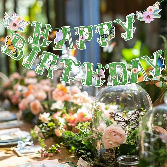 SUNBEAUTY Wildflower Happy Birthday Banner Green Spring Butterfly Flowers Party Banner Floral Birthday Decoration Spring Butterfly Birthday for Women Girl Baby Shower Garden Tea Fairy Party Supplies | Pre-Strung