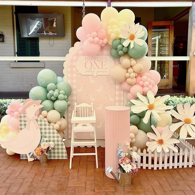Goose Balloons Set, Pastel Pink Sage Dusty Green Light Yellow White Latex Balloons, 12 Inch Pink Green Yellow Funny Balloon for Kids One Silly Goose Birthday Party Decorations Baby Shower Farm Decor