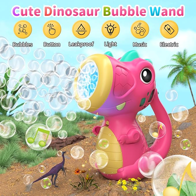 Bubble Machine Wand for Girls Boys Toy, Dinosaur Bubble Machine Maker Blower Toys with Light & Music, Toddler Outdoor Toys for 3 4 5 Year Old Boy Girl Toddler Birthday Gifts Bubble Solution - Red