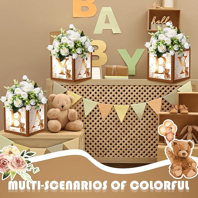Bucherry 6 Pcs Baby Shower Centerpieces with Letters, 7" Baby Blocks Flower Boxes for Table Decorations, Gender Reveal Party Supplies & Photo Props(Brown,Brown Bear)