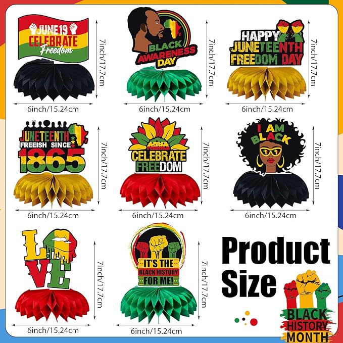 JULMELON 8PCS Juneteenth Party Decorations Honeycomb Centerpiece, 3D Double Side Juneteenth Centerpieces Table Topper for African American Independence 1865 Freedom Day Black History Party Supplies