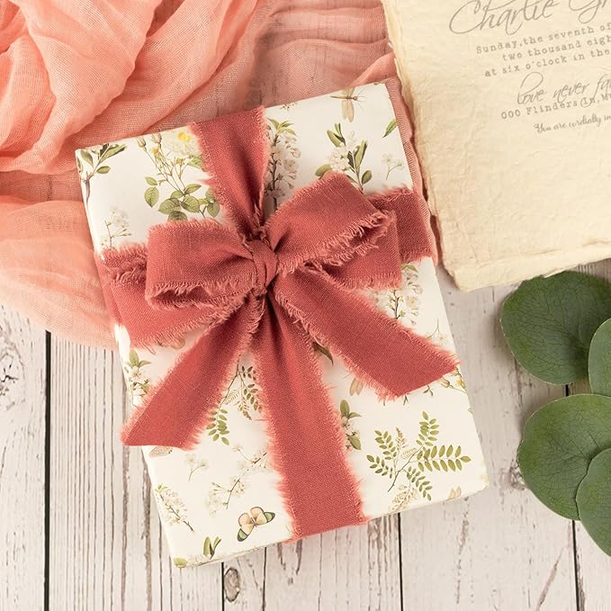 Terracotta Cotton Ribbon 1 Inch Terracotta 3 Rolls 21 Yards Frayed Edge Fabric Set for Rustic Wedding Decor, Bridal Bouquet Wrap, Boho Bridal Shower, Gift Wrapping, Fall Decor & Thanksgiving