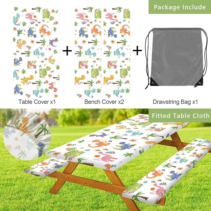 Funny Dinosaur Picnic Table Cover with Bench Covers and Bag, Camping Essentials, Animal Waterproof Windproof Fabric, Fitted Tablecloth Cover with Elastic Edge, for Indoor & Outdoor, 3 PCS, 30x72 Inch