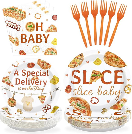 96Pcs Pizza Baby Shower Party Supplies Slice Slice Baby Plates and Napkins Disposable Special Delivery Pizza Tableware Set for Boys Girls Funny Pizzeria Baby Shower Birthday Party Decoration Serves 24