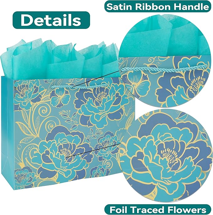 13" Large Rose Green Gift Bag Set with Greeting Card and Tissue Paper(Foil Traced Flowers) for Celebrating Birthdays, Mother's Day, Valentine's Day, Weddings, Anniversaries- 13”x5.2”x10.2”,1 Pcs.