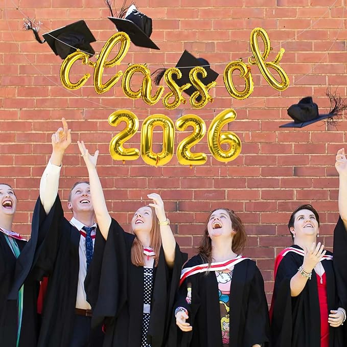 TONIFUL Gold Cursive Class of 2026 Graduation Balloon Banners 2026 commencement Decor Grad Foil Balloons 2026 Congrats Grad Balloons for Class of 2026 Congratulation Graduation Party Supplies