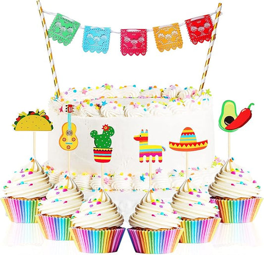 Outus 43 Pcs Fiesta Cupcake Topper and Picado Banner for Fiesta Party Decorations Mexican Theme Cake Decorations for Mexican Themed Cactus Donkey Taco Pepper Sombrero Mustache Party