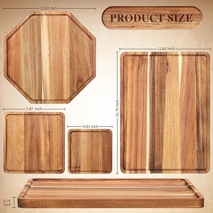 Baderke 4 Pcs Solid Acacia Wood Charcuterie Boards Wooden Serving Tray Set for Serving Food Large Dinner Platters for Dinner Party Cheese Food Decorative(Square Octagon Rectangle, 4 Sizes)