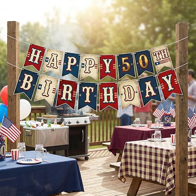 Vintage 50th Birthday Banner for Men & Women (Born in 1976) - Happy 50th Birthday Bunting Flags - Classic Americana Red White Blue Baseball Theme Party Decorations - 2026 Milestone Celebration Sign - Sturdy Cardstock