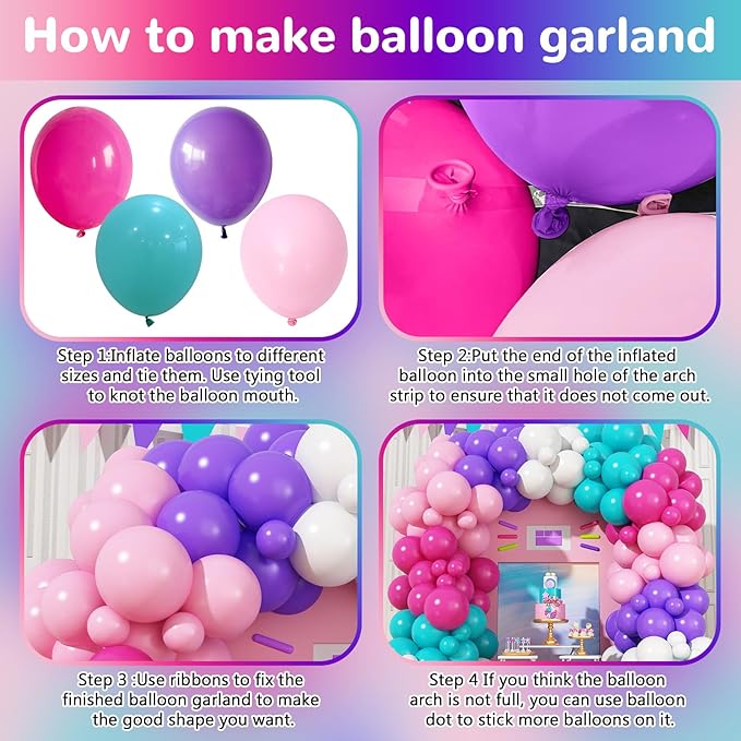 HILAVO Pink Purple Balloon Arch Kit 130 Pcs Blue Purple Pink Party Balloons Garland Pastel Hot Pink Teal Purple White Latex Balloon for Girls Mermaid Birthday Baby Shower Wedding Party Decorations