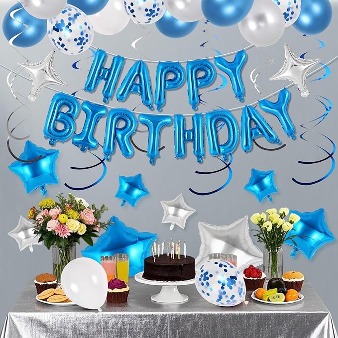 55 Pcs Happy Birthday Balloons Letters Banner with 35 Pcs Star Foil Balloon, 20 Pcs Latex Balloons, 6 Hanging Swirls for Women Men Boys Girls Birthday Party Decorations Set ﻿ (Blue)