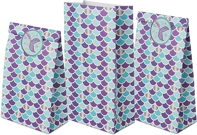 ROYAL BLUEBONNET Purple Mermaid Party Favor Bags and Stickers- 24 Little Mermaid Candy Bags for Girls Birthday Party, Small Goodie Favor Treat for Thank You Table for Birthday for Girls, Tweens, Kids