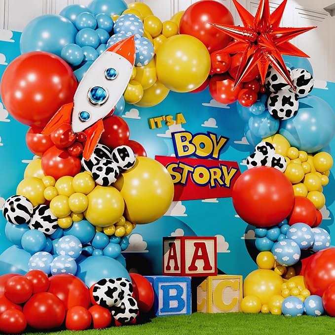 ALL-IN-1 Toy themed Balloons Arch Kit for It's A Boy Story Baby Shower Decorations – Boy Balloon Garland Kit with Cloud & Cow printed Balloons for First Toys Birthday Party Supplies