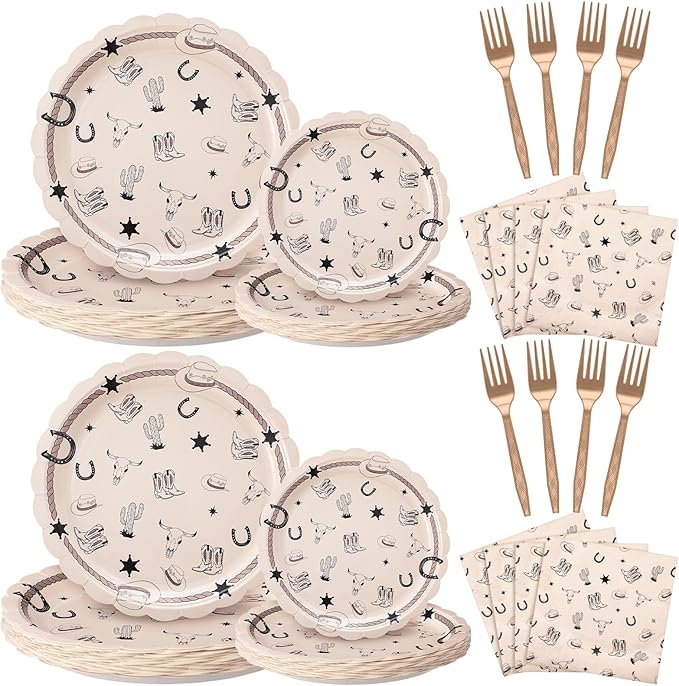 AmazingSpark 122 Pcs Cowboy Paper Plates and Napkins Forks Western Birthday Supplies First Rodeo Bachelorette Party Plates Cowboy Ranch Tableware Set for Kids Boys Baby Shower Decorations, Serve 24
