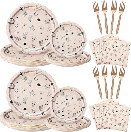 AmazingSpark 122 Pcs Cowboy Paper Plates and Napkins Forks Western Birthday Supplies First Rodeo Bachelorette Party Plates Cowboy Ranch Tableware Set for Kids Boys Baby Shower Decorations, Serve 24