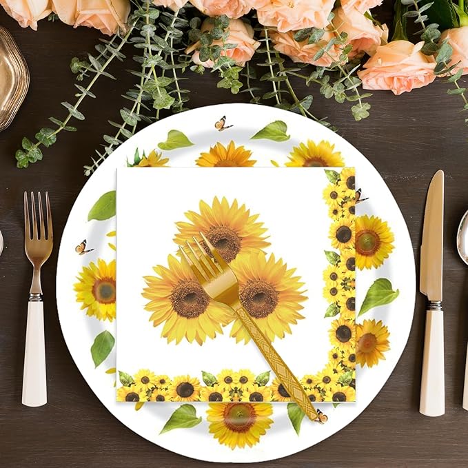 72 Pcs Sunflower Paper Plates and Napkins Party Supplies , Floral Birthday Party Decorations Disposable Party Plates and Napkins Tableware Set for Summer Fall Wedding Baby Shower Serves 24 (Sunflower)