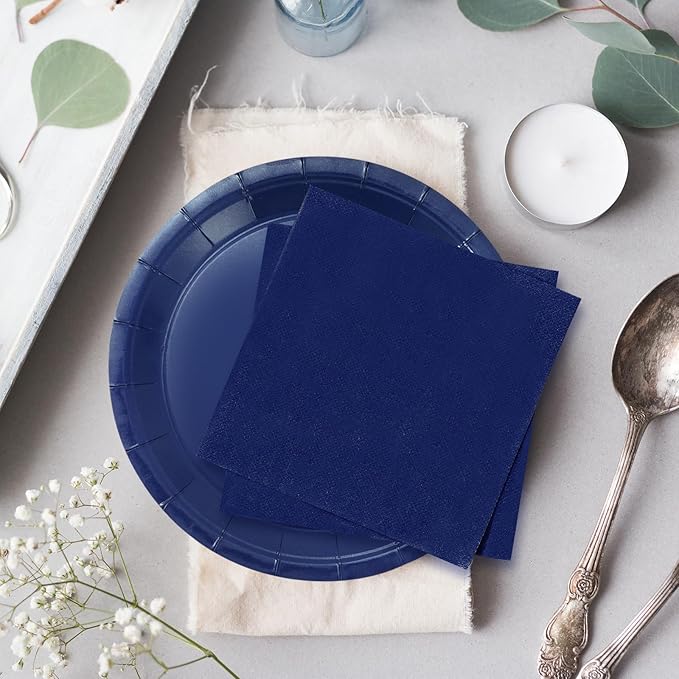 Whaline 100Pcs Navy Blue Tableware Set Wedding Disposable Dinnerware Set Paper Plates Napkins and Cups for 25 Guests Wedding Birthday Bride Shower Party Supplies Table Decorations