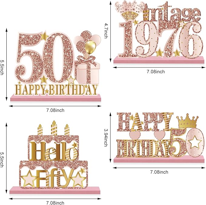4 Pieces 50th Birthday Vintage 1976 Wooden Table Centerpieces Decoration for Women, Pink Rose Gold Happy 50 Birthday Table Sign Party Supplies, Hello Fifty Year Old Bday Table Decor