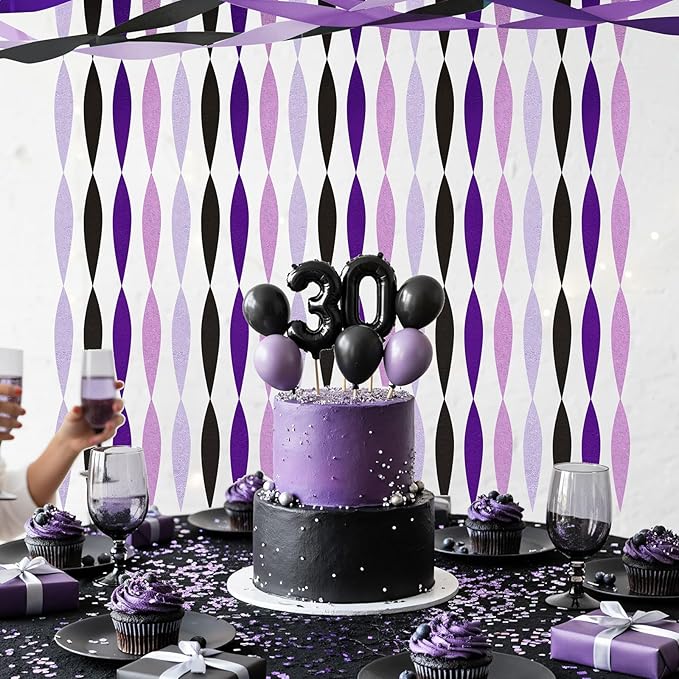 Epakh 12 Rolls Purple/Black Crepe Paper Streamers (984ft) - Pixel Birthday Party Decorations, Video Game Birthday Supplies, Pixel Theme Purple Party Decor Halloween