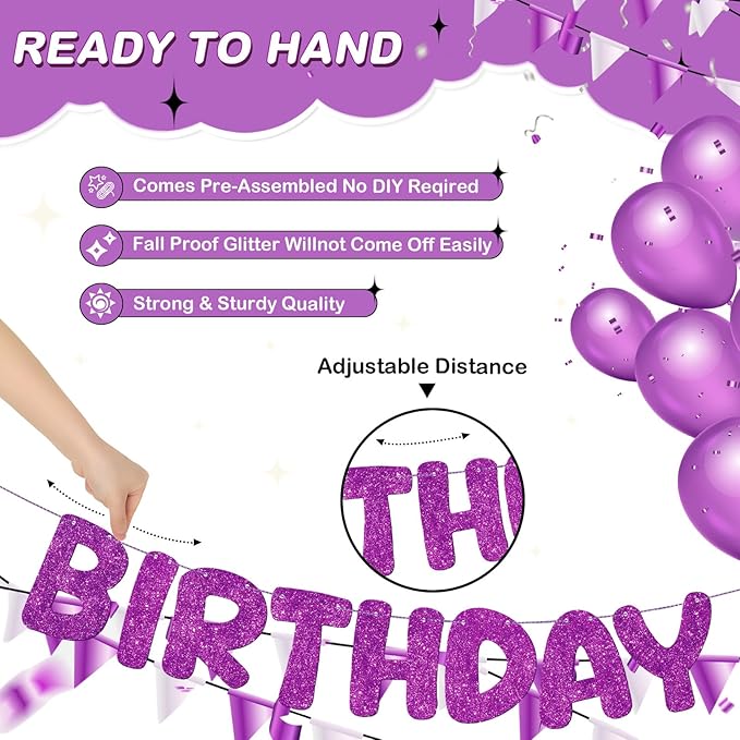 Fulmoon Glitter Pre Strung Happy Birthday Banner No DIY Party Decorations Happy Birthday Sign Decor for Men Women Boy Girls Backdrop(Dark Purple)