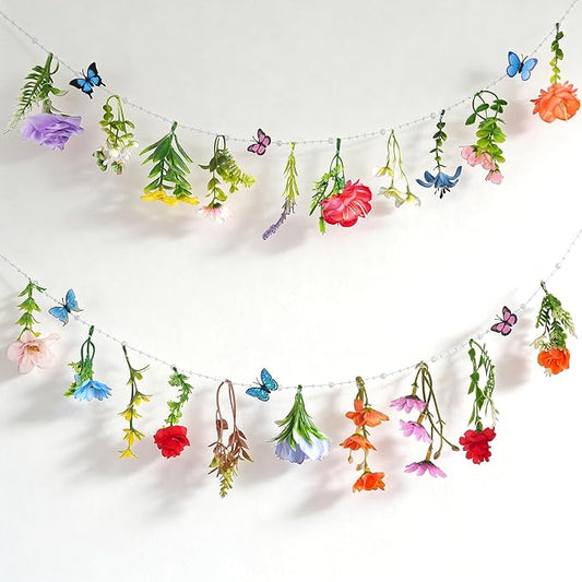 2 Pack 14.4ft Flower Garland Artificial Wildflower Garland, Spring Floral Garland Banner with Butterfly for Wildflower Party Decor Garden Tea Engagement Wedding Bridal Baby Shower Birthday Party Decor
