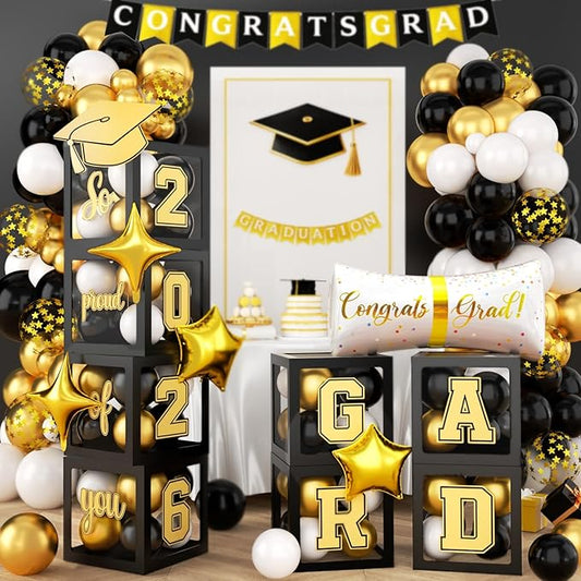 Black and Gold Graduation Decorations Balloons Boxes Arch with Letters 2026 GRAD So Proud of You Gold and Black Congratulations Grad Party Decoration 2026 Gold Confetti Balloon Star Foil Balloons