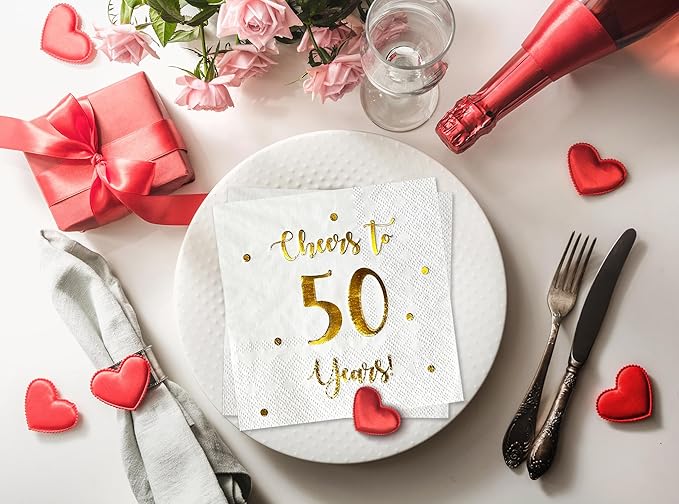 Cheers to 50 Years Cocktail Napkins | Happy 50th Birthday Decorations for Men and Women and Wedding Anniversary Party Decorations | 50-Pack 3-Ply Napkins | 5 x 5 inch folded (White)