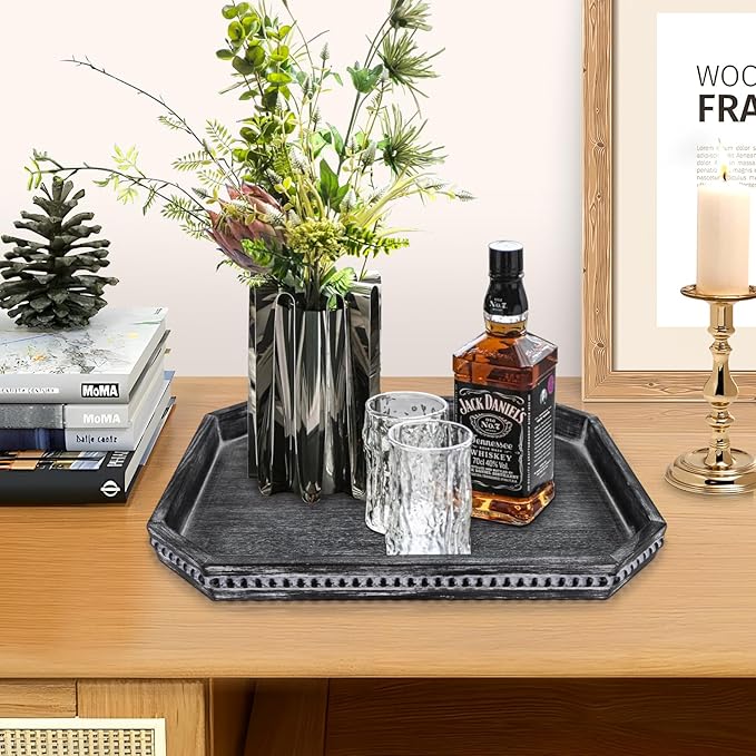CedarLux Decorative Coffee Table Serving Tray, Long Octagonal Black Wood Tray with Wooden Bead, Farmhouse Big for Ottoman Table, Countertop, Home Decor, 16.5"x13"x1.6" (Retro Black)