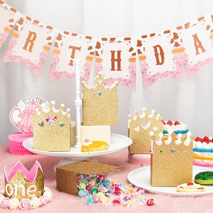 Outus 20 Pieces Princess Crown Boxes Glitter Princess Party decoration Glitter Party Favor Candy Boxes Gold Gifts Container for Wedding Birthday Baby Shower Supplies