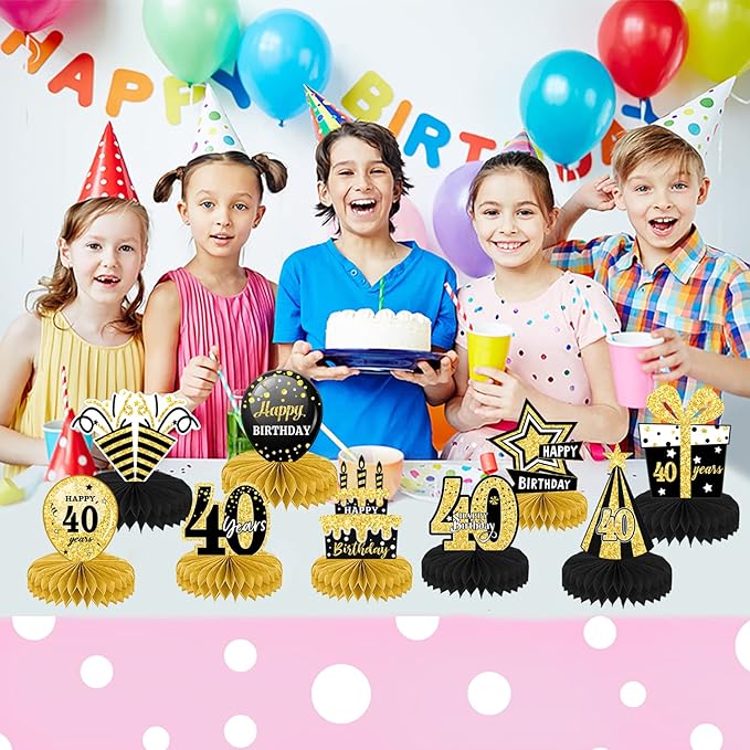 9Pcs Black Gold 18th 21th 30th 40th Honeycomb Decorations - Happy Birthday Decorations, Birthday Table Centre Decorations, Party Table Decorations, Table Decorations Centrepiece (40)