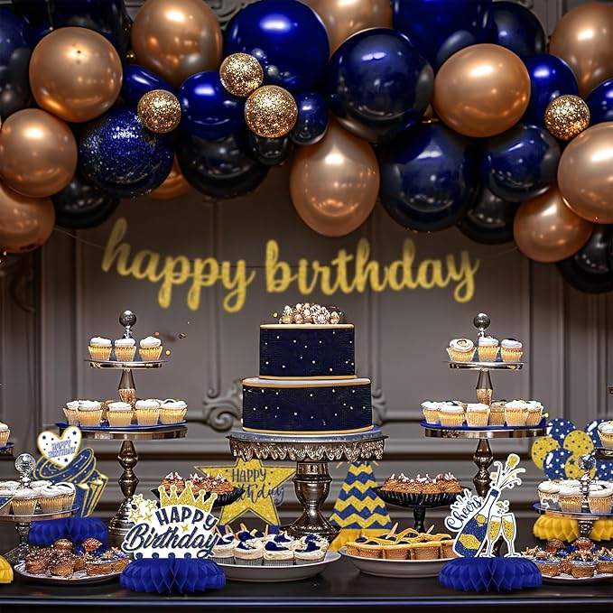 Blue and Gold Birthday Decorations – 12Pcs Honeycomb Table Centerpieces, Elegant Party Table Toppers for Adults, Stylish Blue Gold Birthday Decor