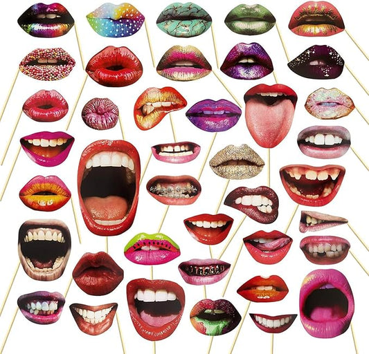 40Pcs Funny Lips Mouth Photo Booth Props with Sticks - Valentine's Day Party Selfie Accessories for Couples Date, Halloween, Birthday, Wedding & Graduation Decorations