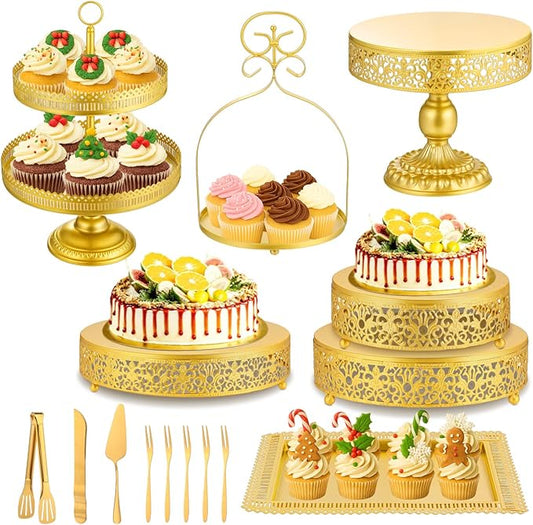 Wenqik 15 Pcs Gold Cake Stand Set Metal Dessert Display Set Tiered Cupcake Holder Square Serving Trays Round Tower Tray Platter for Wedding Birthday Party Celebration (Classic Style)