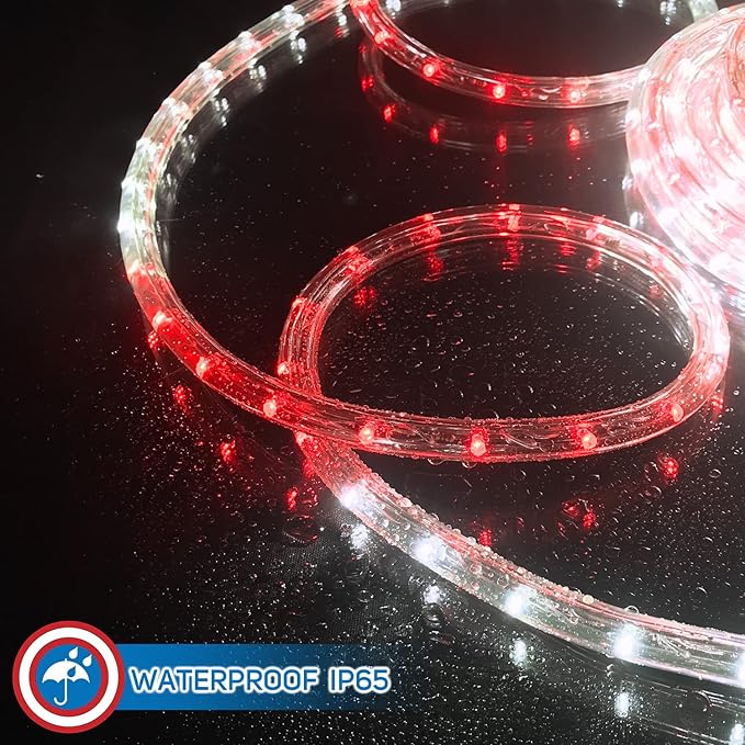 Russell Decor 10ft Red White LED Rope Lights with Patriotic Lights with 4-Level Dimmable Controller Outdoor Decorative Lighting for Christmas or Canada Theme Colors Decor