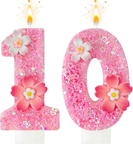 Pink Flower Birthday Candle,Number Birthday Candles for Cake, Ideal Birthday Parties Cake Decor, Wedding Anniversary and Other Celebrations (Number 10, Pink)