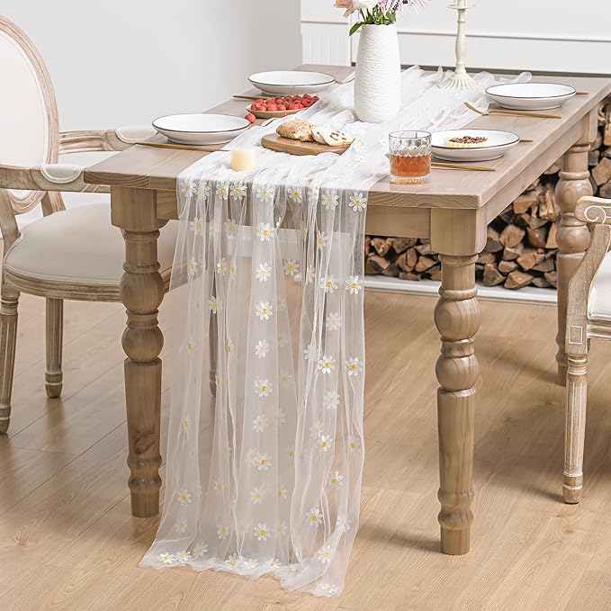 Horaldaily White Embroidery Daisy Spring Summer Gauze Tablecloth 60×84 Inch Rectangular, Seasonal Tulle Table Cover, Garden Party Decorations for Wedding, Party, Holiday Dining