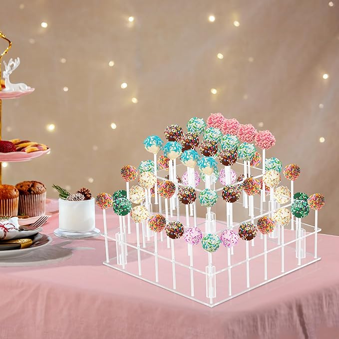 Cake Pop Stand, 3 Tier Square Lollipop Holder with 300 Pcs Accessories, Clear Acrylic Cakepop Display Stand 56 Holes for Birthday, Wedding, Party, Halloween, Christmas Candy Decorative