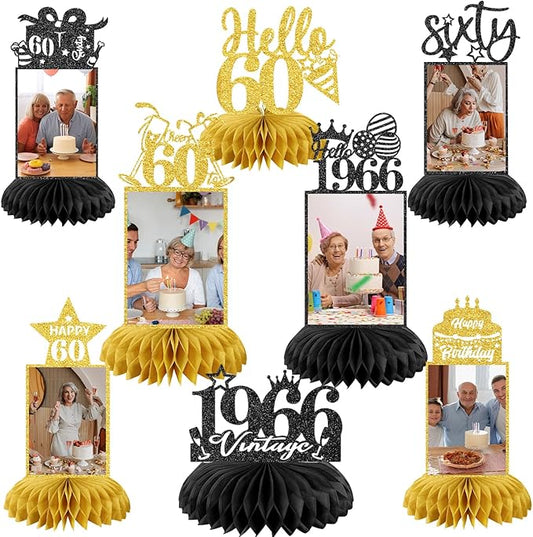 8Pcs 60th Birthday Decoration for Men Women 60th Birthday Centerpieces for Tables Cheers to 60 Years Birthday Honeycomb Decor Birthday Table Topper Black and Gold 60th Birthday Party Favors