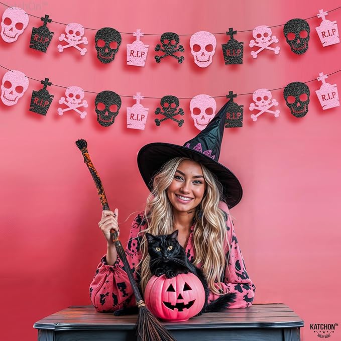KatchOn Pink Black Felt Skull Garland - 13 Feet, No DIY | Felt Halloween Garland, Skull Party Decorations | Pink Halloween Decor