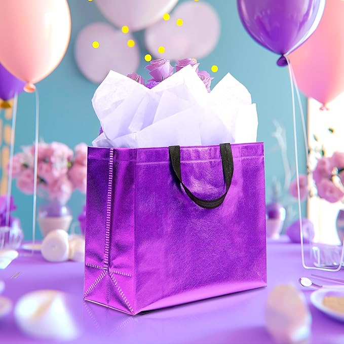 KeerxunBag 12Pcs Reusable Gift Bags（Includes Tissue Paper） Gift bag with handle Birthdays Parties Holidays Weddings Medium 13x5x11in Purple Gift Bags