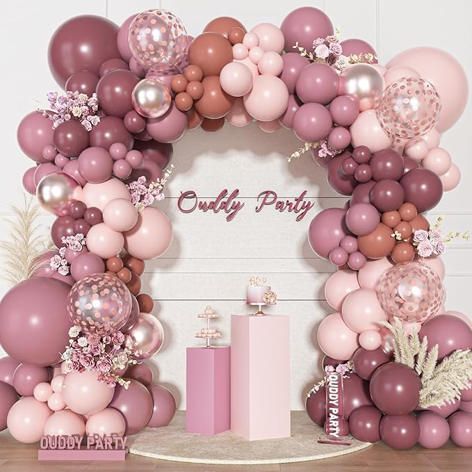 Ouddy Party Dusty Rose Pink Balloons Garland Arch Kit, Different Sizes 18 12 10 5 Inch Pink Mauve Retro Blush Purple Latex Confetti Balloons for Valentines Day Boho Birthday Wedding Party Decorations