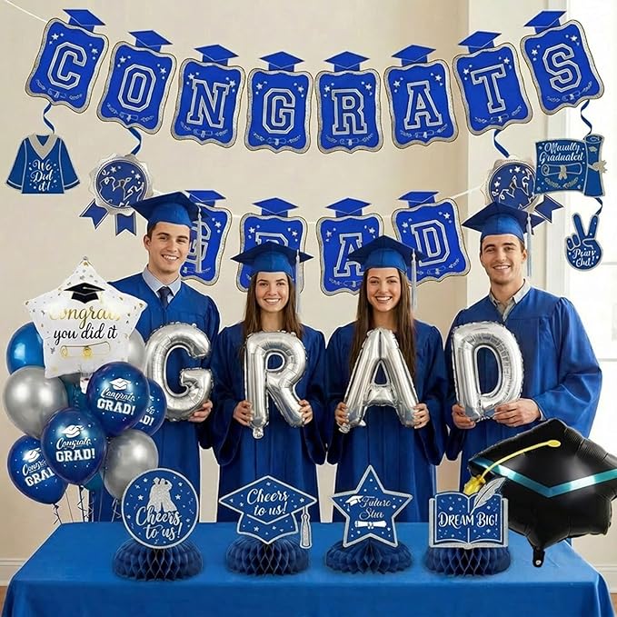 Royal blue Silver Balloon Garland Arch Kit with backdrop Stars Graduation Cap crown GRAD Letters Mylar Balloons for 2026 graduate Prom Decorationss